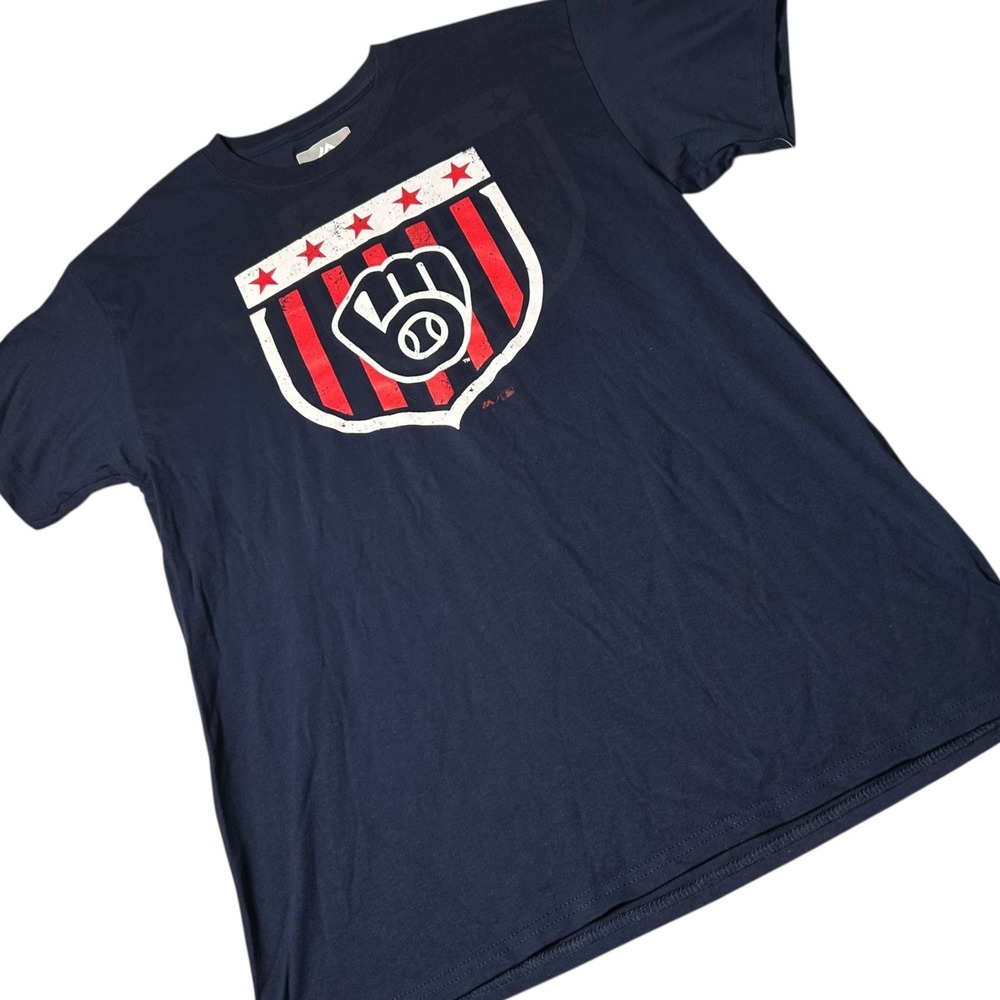 NEW MLB Baseball T Shirt Majestic Milwaukee Brewers Mens Large Navy Tee‎